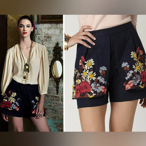 Anthropologie Elevenses Navy High Waisted Floral Shorts with Embroidered Flowers - Picture 1 of 7